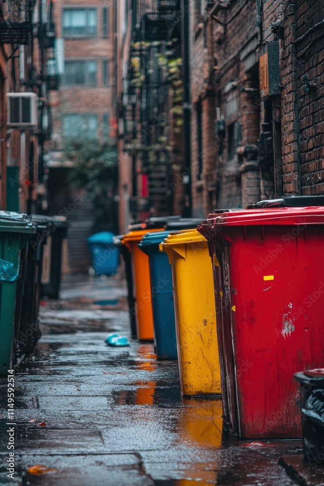 colorful trash cans in wet alleyway colorful trash cans in wet alleyway