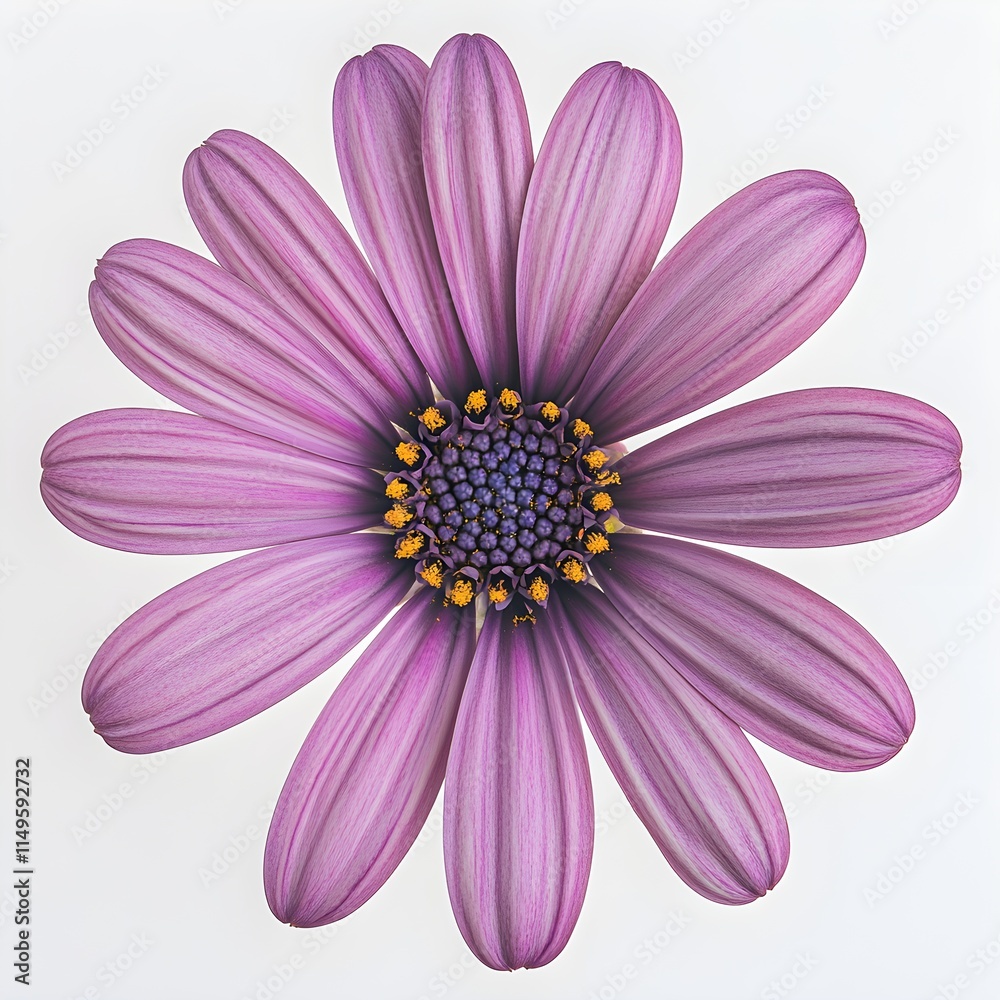 Gerbera daisy, a purple flower, with the center in focus, isolated on a white background, viewed from the top. Gerbera daisy, a purple flower, with the center in focus, isolated on a white background, viewed from the top.