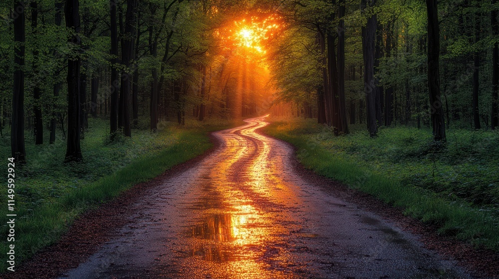 Obraz premium Sunlit forest path after rain.