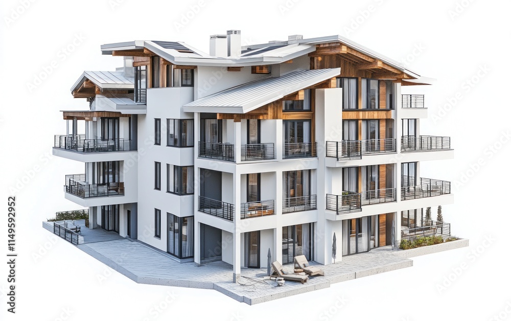 Modern alpine-style apartment building with balconies and patio. Modern alpine-style apartment building with balconies and patio.