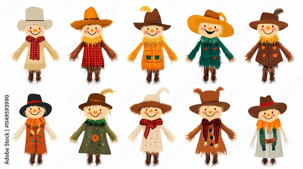 Fototapeta premium Colorful Collection of Cheerful Scarecrows in Various Outfits for Autumn Festivities and Seasonal Harvest Celebrations in a Playful Cartoon Style