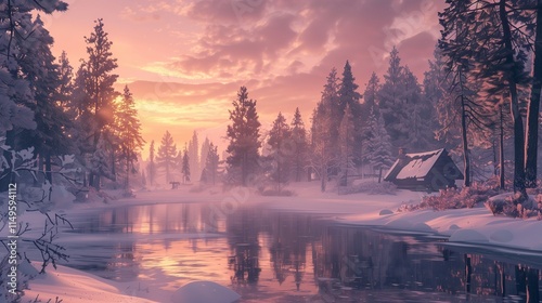 A serene winter landscape with snow-covered pine trees, a frozen lake reflecting the soft pink hues of dawn, and a quaint log cabin in the distance. photo