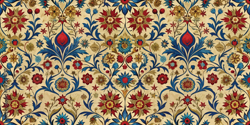 Colorful floral pattern with intricate blue and red designs on a beige background.