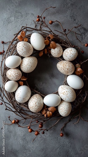 beautiful white Easter eggs with small decorative details on them, lying on the background of a knitted wreath of twigs. and place for text