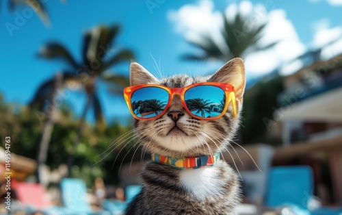 Adorable Kitten in Sunglasses on Tropical Vacation Beach