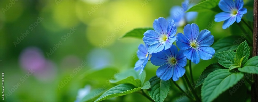 Fototapeta premium Blue primrose primula flowers nestled among foliage on a trellis, greenery, trellis, foliage
