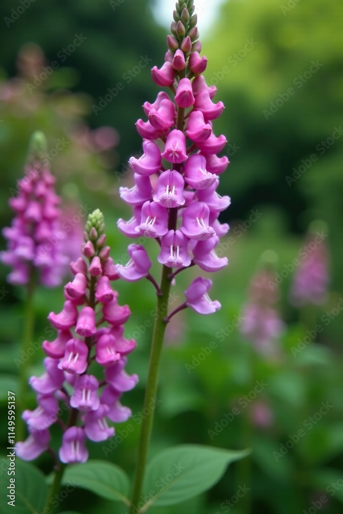 Clusters of small, pinkish-purple flowers dangle from a tall stem, garden decoration, flowers Clusters of small, pinkish-purple flowers dangle from a tall stem, garden decoration, flowers