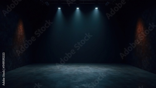 Dark studio showroom with black background and dim lighting, studio, lighting, mysterious