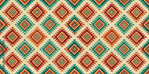 Vibrant geometric pattern in earthy tones with contrasting teal and rust colors.