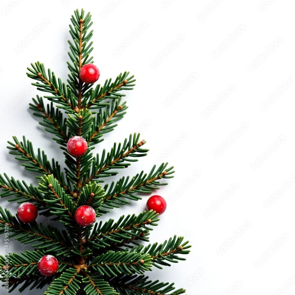 evergreen fir tree with bright red berries on white background, frost, christmas trees, fir evergreen fir tree with bright red berries on white background, frost, christmas trees, fir