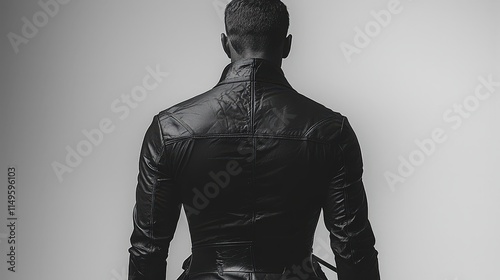 Mysterious figure in black leather jacket with shadowed background photo