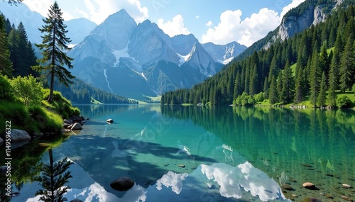 Lago di Braies con alberi e montagne in sfondo, laghi d Alpi, BZ, monte