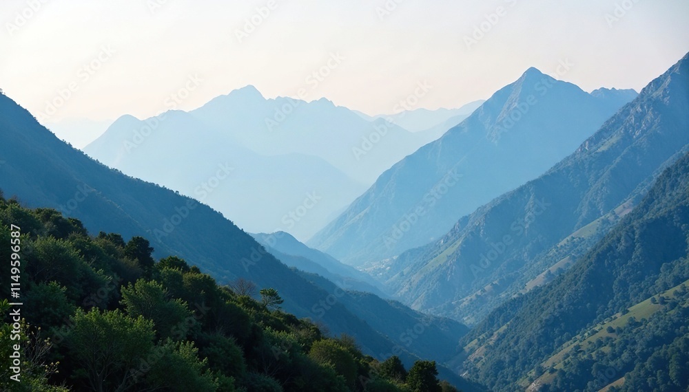 Mountain peaks and valleys in the distance with a misty atmosphere, distance, mountain range Mountain peaks and valleys in the distance with a misty atmosphere, distance, mountain range