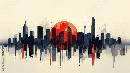 Stylized cityscape silhouette reflected in water with a large red sun. photo