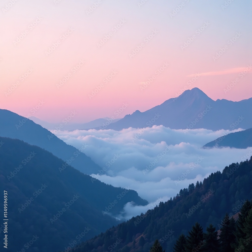 Fototapeta premium Pink and blue misty fog rolling over a mountain landscape, gradient, abstract sound waves, wave