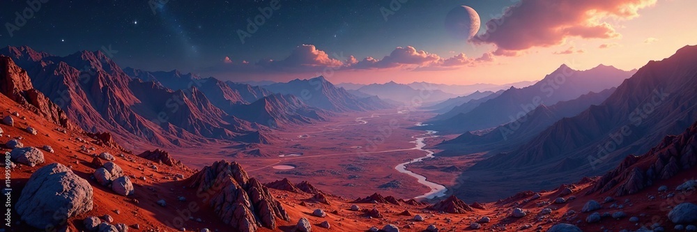 Fototapeta premium Planetary landscape with mountains and craters, space, mountains