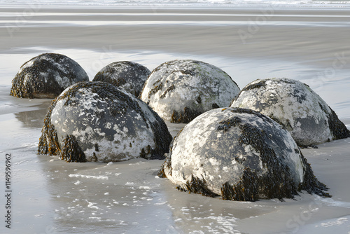 Breathtaking coastal landscape featuring unique spherical boulders covered with seaweed on the beach photo