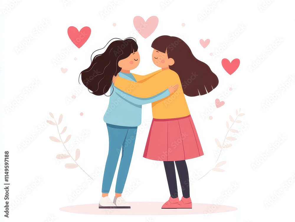 Two friends hugging joyfully, surrounded by hearts and leaves, expressing warmth and affection Two friends hugging joyfully, surrounded by hearts and leaves, expressing warmth and affection
