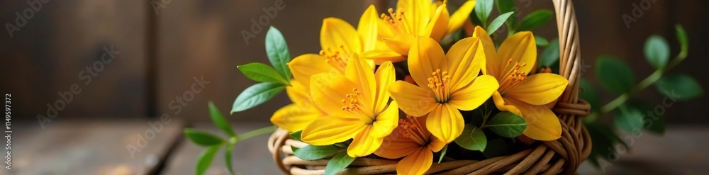 Obraz premium Saffron bouquet tied with twine and placed in a wicker basket, earthy, arrangement