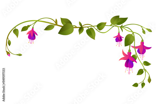 Fuchsia flowers among intertwining branches in a corner arrangement