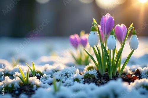 snowdrops and crocuses push through frosty ground, garden, frozen