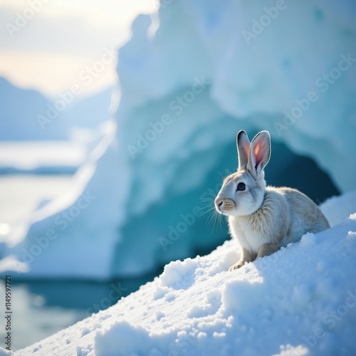 Snowy landscape with arctic hare peeking out of crevasse, frosty environment, frozen ground, snow photo