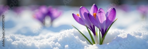 Delicate purple crocus flower blooming in snow, bloom, nature