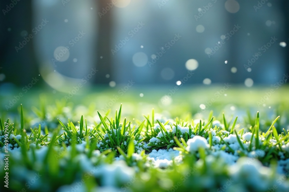 Obraz premium Softly falling snowflakes cover the vibrant green grass, creating a tranquil and picturesque winter wonderland, winter, nature
