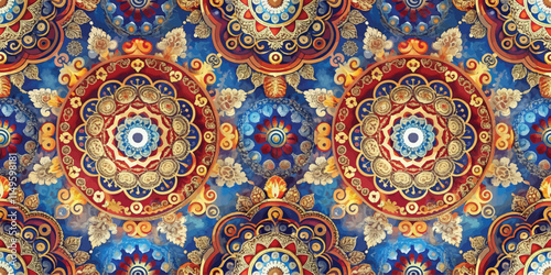 Vibrant ornamental pattern featuring intricate circular designs in rich colors.