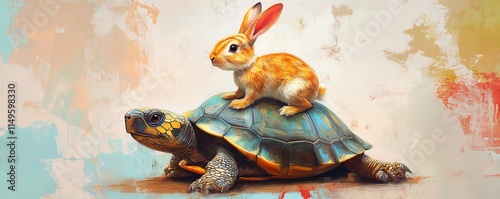 Rabbit on a turtle s back, demonstrating a clever cheat strategy, whimsical concept, vibrant, creative illustration photo