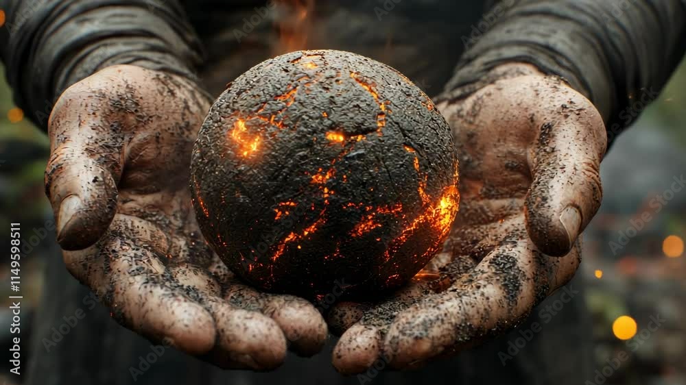 Hands Holding a Glowing Lava Stone in a Mysterious Forest Setting Hands Holding a Glowing Lava Stone in a Mysterious Forest Setting