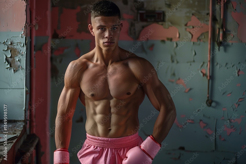 Strong male boxer wearing pink gloves and shorts, showing off his physique in a derelict gym Strong male boxer wearing pink gloves and shorts, showing off his physique in a derelict gym