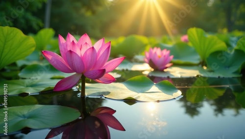 Water lotus flower blooming in the Volga river delta wetland with sunlight filtering through the water, wetland, sunlight filter