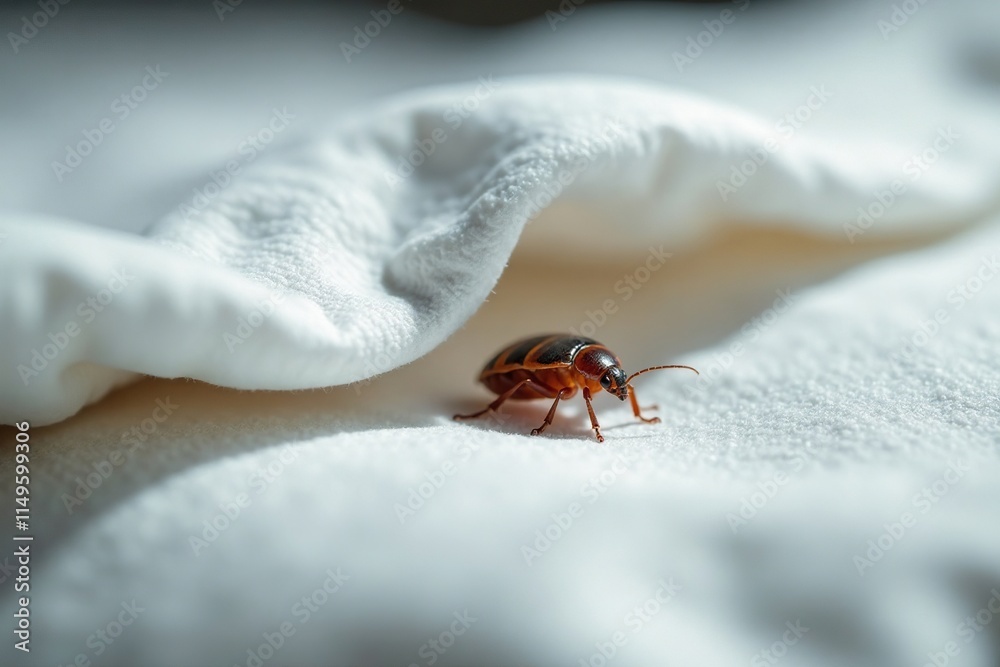 A single bed bug peeking out from under a white bed sheet, bug, under sheet A single bed bug peeking out from under a white bed sheet, bug, under sheet