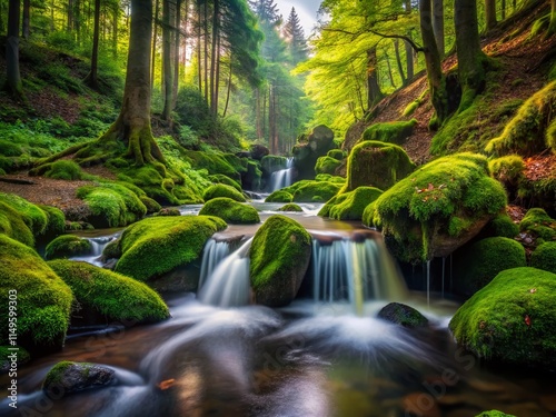 Serene Black Forest Waterfall: Buhlertal, Gertelbach, Germany - Mossy Rocks, Lush Greenery, Cascading Water