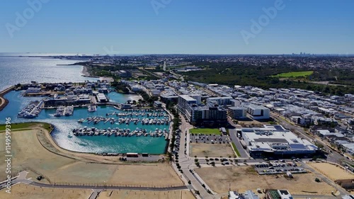 aerial drone shot of Coogee beach and Omeo shipwreck lying in tourquoise waters close to white sand beach of Fremantle, Western Australia, popular travel destination for snorkeling and scuba diving. photo