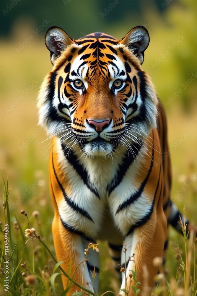 Fototapeta premium Bengal tiger's striped fur against a blurred background, grasslands scenery, blurred background, bengal tiger stripes