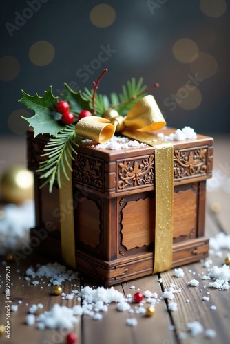 Ornate wooden gift box with golden ribbon and festive holly sprigs on a snowy wooden table, wood, gift photo