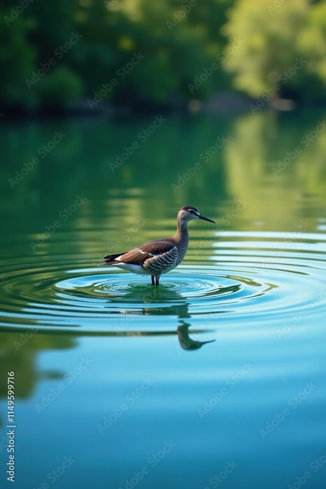 Blue ripples on a lake's surface after a bird has landed on the water, outdoor scene, lake water Blue ripples on a lake's surface after a bird has landed on the water, outdoor scene, lake water