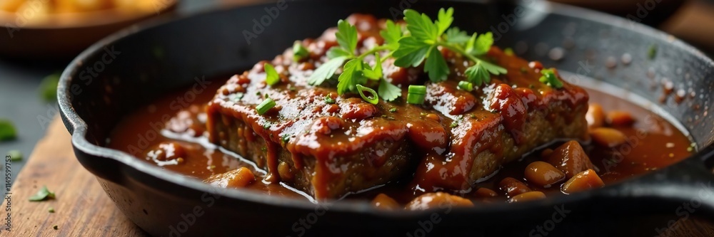 Braised beef short ribs in a cast iron skillet with a rich beef gravy, warm and comforting, comfort food Braised beef short ribs in a cast iron skillet with a rich beef gravy, warm and comforting, comfort food