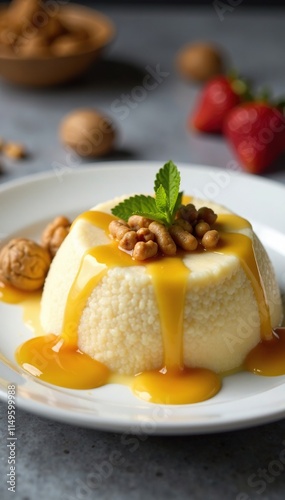 Rich and creamy Somloi Galuska dessert on a white plate with a side of fresh walnuts, plate, sweet photo