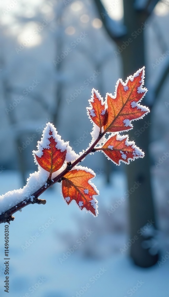 Snow-covered branch with isolated dry wood leaf, tree, frozen, frost Snow-covered branch with isolated dry wood leaf, tree, frozen, frost