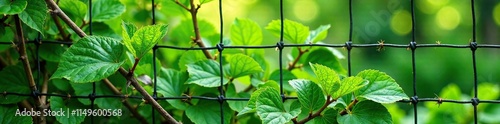 Dense thorny bindweed tangled in a metal mesh fence, mesh, overgrowth, natural