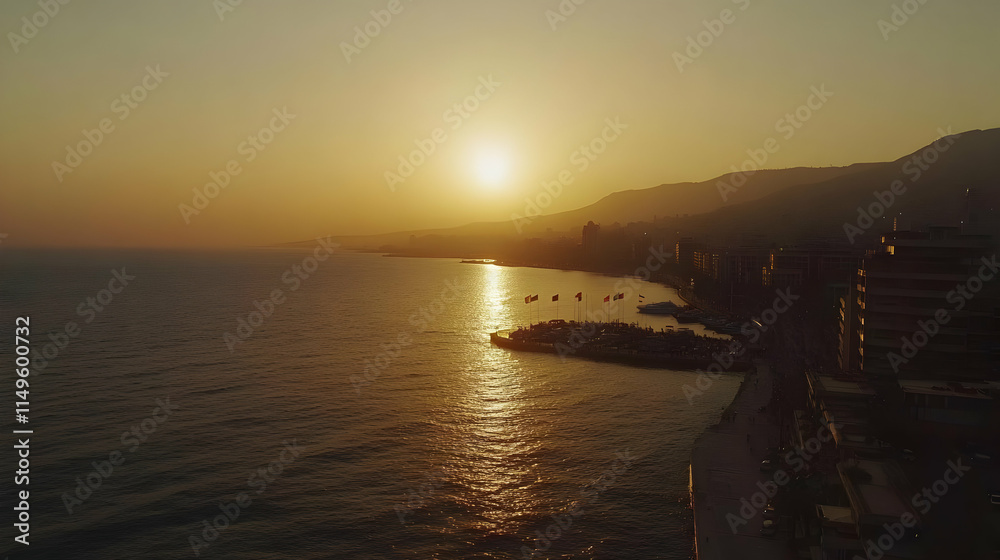 Obraz premium Golden Sunset over Coastal Cityscape Aerial View