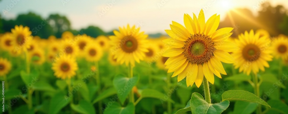 Fototapeta premium Field of bright yellow sunflowers with green leaves and stems stretching towards sunlight, stems, agriculture