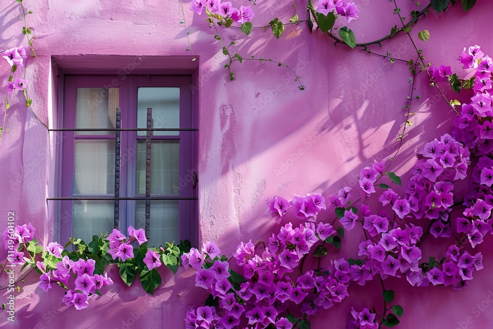Fototapeta premium Beautiful purple bougainvillea flowers climbing a vibrant pink wall with a window, creating a picturesque scene