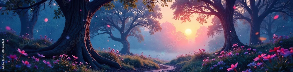 Whimsical and dreamy background with a beautiful colorful portrait of an enchanted forest scene at dusk, whimsical, forest, mystical Whimsical and dreamy background with a beautiful colorful portrait of an enchanted forest scene at dusk, whimsical, forest, mystical