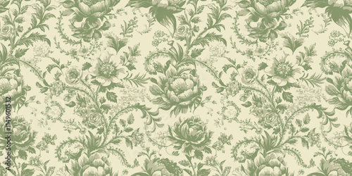 Elegant green floral pattern on a soft cream background.