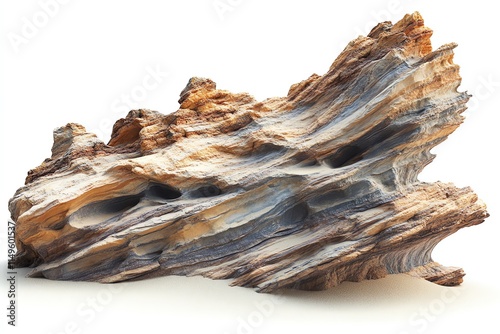 A large, weathered rock with striated layers and a rough, eroded surface isolated on a white background. photo