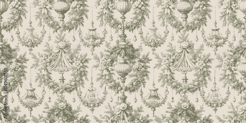 Elegant vintage floral wallpaper design in soft green and beige tones.